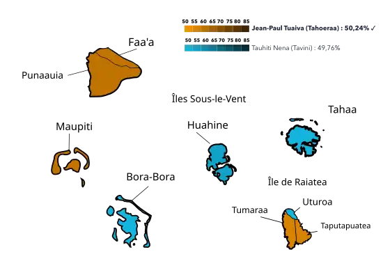 Résultats par communes ou îles au 2e tour.