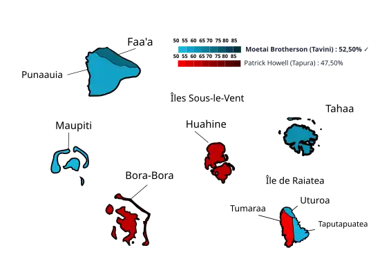 Résultats par communes ou îles au 2e tour.