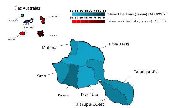 Résultats par communes ou îles au 2e tour.