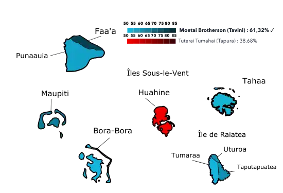Résultats par communes ou îles au 2e tour.