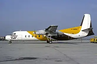 Le FH-227 F-GBRZ aux couleurs d'Air Rouergue avec logo TAT en 1981.
