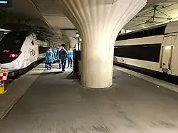 Rames TGV « Chardon 5 » (à gauche) et « Chardon 4 » (à droite), en gare de Paris-Austerlitz.
