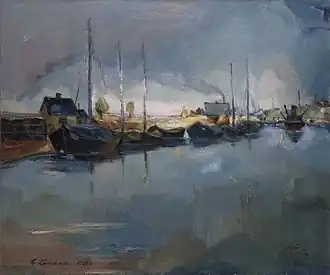 Kaarel Liimand (1906–1941), Bateaux fluviaux sur l'Emajõgi, 1938. Toile, huile.