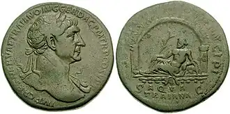 Sesterce de Trajan célébrant la construction de l'aqueduc de l'Aqua Traiana avec, au revers, le dieu d'une rivière qui se repose.