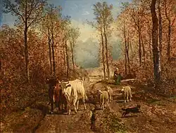 Deux vaches, trois moutons, un chien courant autour du troupeau et une paysanne à l'arrière évoluent sur un chemin en sous-bois.