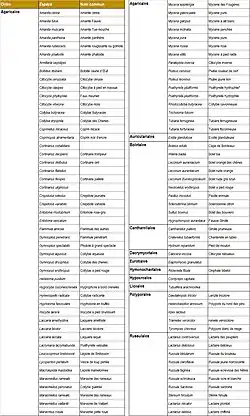 Tableau des champignons recensés dans les Grandes Landes de Trébédan.