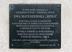 Plaque commémorative d'Ewa Matuszewska à Varsovie.