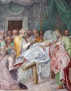 peinture montrant la Vierge morte, allongée sur un lit, entourée de personnages en deuil