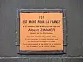 Plaque commémorant la mort pour la France d'Albert Zimmer