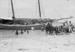Navire à voiles en bois, très proche du rivage, et charrette entrée dans l’eau, avec personnes chargeant le navire et enfants dans l’eau.