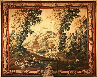 Tapisserie d'Aubusson (XVIIe&nbsp;siècle).Paysage exotique au chien.
