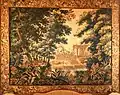 Tapisserie d'Aubusson (XVIIe&nbsp;siècle).Paysage : jardin à la française, fontaine et architecture.