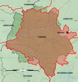 Carte en couleurs localisant une agglomération antique.