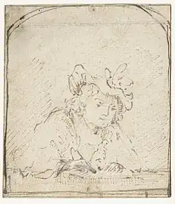 Autoportrait de l'artiste dessinant, dessin de Arent de Gelder (c. 1661-1663, Rijksmuseum Amsterdam). S'inspire des œuvres tardives de Rembrandt, dans son atelier.