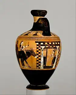 Mariage. Arrivée du cortège à la maison du marié. Lécythe. H. 17 cm. Peintre d'Amasis, v. 550. The Met