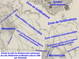 Territoire du futur quartier Saint-Michel sur plan de 1858