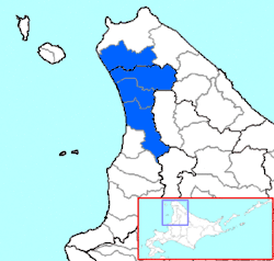 Carte bicolore montrant l'emplacement du district de Teshio.