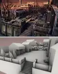 Évolution entre les esquisses des lieux en 2D et leur réalisation en 3D (textures non appliquées). À droite : un dessin technique d'un lieu du jeu, de ses animations et de ses endroits interactifs.