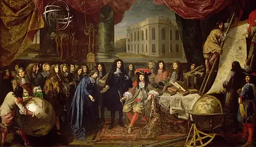 Colbert présentant à Louis XIVles membres de l'Académie royale des Sciences, seconde moitié du XVIIe&nbsp;siècle. Château de Versailles. Analyse des vêtements et surtout des dentelles et en particulier l'usage du Point de Venise, avant la promotion du point de France 'Dentelle d'Argentan sous l'action de Colbert.
