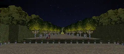 Essai de restitution du décor éphémère réalisé pour Monseigneur le dauphin, dans le théâtre des jardins de Saint-Maur, fête du 18 juillet 1700. (Notez la profusion des porcelaines, dont le Grand Dauphin était si friand)