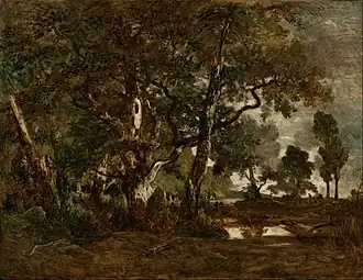 Forêt de Fontainebleau, Groupe de grands arbres surplombant la plaine de Clair-Bois à l'orée du Bas-Bréau, 1849-1852,Getty Center, Los Angeles.