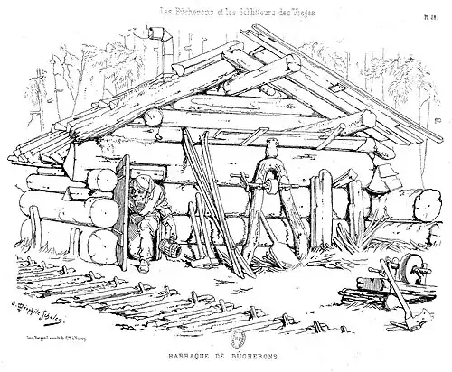 Baraque de bûcherons. Dans Théophile Schuler, Les bûcherons et les schlitteurs des Vosges, 1878.