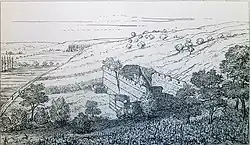 Dessin en noir et blanc de bâtiments antiques ruinés.