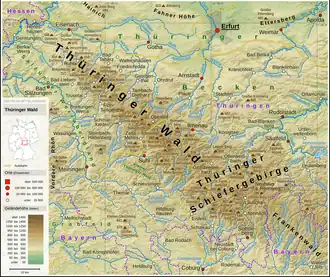 Carte topographique de la forêt de Thuringe et des monts de Thuringe.