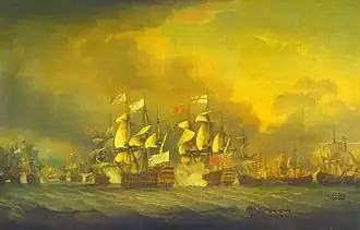 Le Ville-de-Paris au combat contre le HMS Barfleur lors de la bataille des Saintes qui voit la capture du vaisseau amiral et de Grasse.