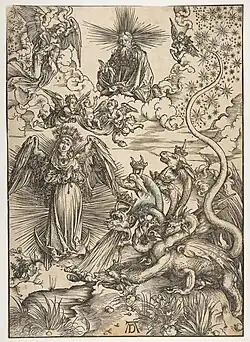 Albrecht Dürer, 1498. Planche de l'L'Apocalypse : Une femme revêtue du Soleil et le dragon à sept têtes. H. 40,5&nbsp;cm.