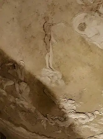 Reliefs en stuc de l'abside, montrant Apollon sur un rocher, son arc à la main ; au-dessous, un homme triste, devant un Triton portant la rame et la conque.