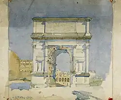 Aquarelle d’un arc de triomphe vu de face.