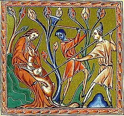 une licorne blessée au flanc par deux hommes réconfortée par une femme.