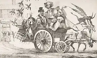 Dessin en tons de gris représentant des hommes qui partent sur une charrette, quittant une maison à louer. Des paires de ciseaux aux ailes d'oiseau s'envolent.