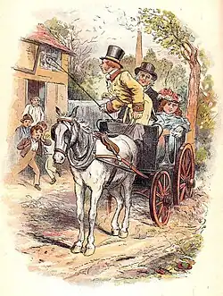 Gravure. Boffin en haut de forme, l'air béat, assis dans un coupé tiré par un cheval blanc étique. Son épouse, très grosse, enfouie au fond sur le siège. Debout devant lui, le cocher, salue ou invective un personnage et trois enfants qui, sur le seuil de leur maison à gauche, semblent se moquer de lui. En fond, une cheminée d'usine fume et un arbre est plié sur la gauche par le vent