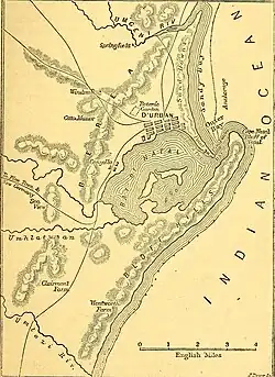 Dessin à l'encre sur papier jauni représentant une région côtière à l'échelle approximative de 4 miles par pouce.