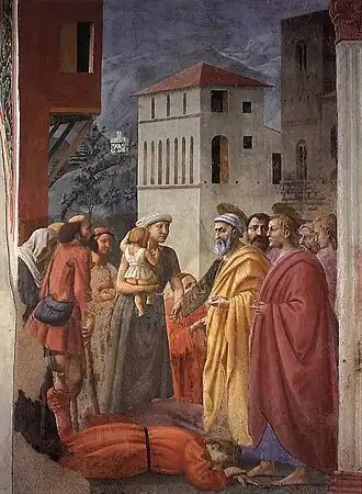 XII=La distribution des biens et la mort d'Anania et Saffira, Masaccio (restauré)