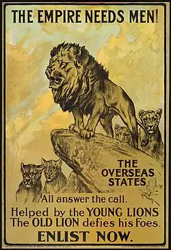 Affiche représentant un lion avec une épaisse crinière rugissant au sommet d'un rocher. Plusieurs lions plus petits et sans crinières l'entourent.