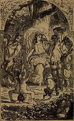 Gravure. Reine assise au centre dans creux d'arbre entourée de satyres dansant ou assis.