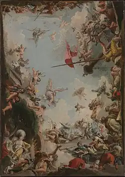 De nombreux personnages en bordure s'élèvent dans un ciel avec des anges