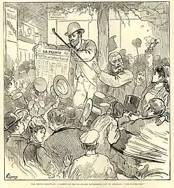 Dessin de presse montrant une foule en liesse devant un homme qui brandit la une d'un journal.