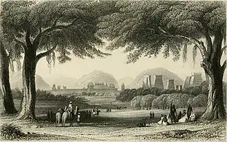 Vue externe sur la cité fortifiée de Madura, son temple (à droite) et son palais (non loin, à gauche), réalisé en 1858.