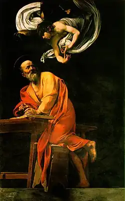 L'inspiration de saint Matthieu, Le Caravage, Rome 1602. Matthieu écrit l'évangile sous la dictée d'un ange placé dans un drapé qui a la forme d'un cerveau.