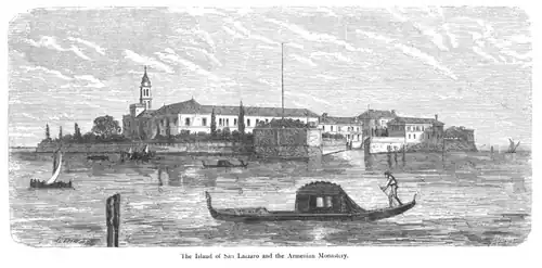 Gravure monochrome montrant une île vue depuis une gondole. L'île est entourée de plusieurs bateaux et occupée par plusieurs bâtiments et en arrière, un clocher.