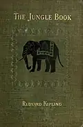 The Jungle book (le livre de la jungle) de Kipling, couverture vert olive avec un éléphant noir.