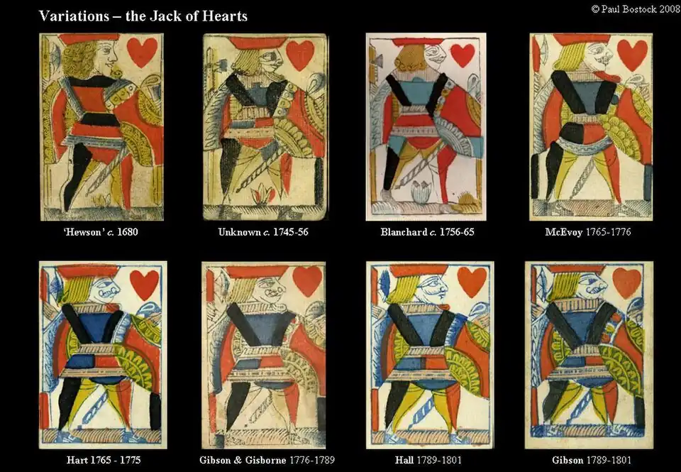Variations sur le valet de cœur, cartes fabriquées en Angleterre entre 1680 et 1801.