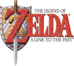 Zelda est inscrit en grosses lettres rouges. Derrière le Z, le bouclier et l'épée de Link sont représentés, cette dernière étant enlacée dans le Z. Le reste du titre est inscrit sur la droite en dessous et au-dessus du terme Zelda dans des petits caractères de couleur noire.