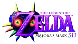 Zelda est inscrit en lettres violettes fluorescentes. Les mentions The Legend of Zelda et Majora's Mask 3D figurent en tout petit en dessus et en dessous. Sur la gauche en arrière-plan, figure une sorte de masque violet en forme de cœur, équipé de pointes, avec des yeux rouges et jaunes.