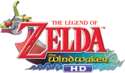 The Legend of Zelda: The Wind Waker est inscrit en rouge sur trois ligne, Zelda est inscrit en gros. En dessous figure la mention HD. En arrière plan figure un bateau.