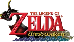 The Legend of Zelda: The Wind Waker est inscrit en rouge sur trois lignes, Zelda est inscrit en gros. En arrière, plan figure un bateau.